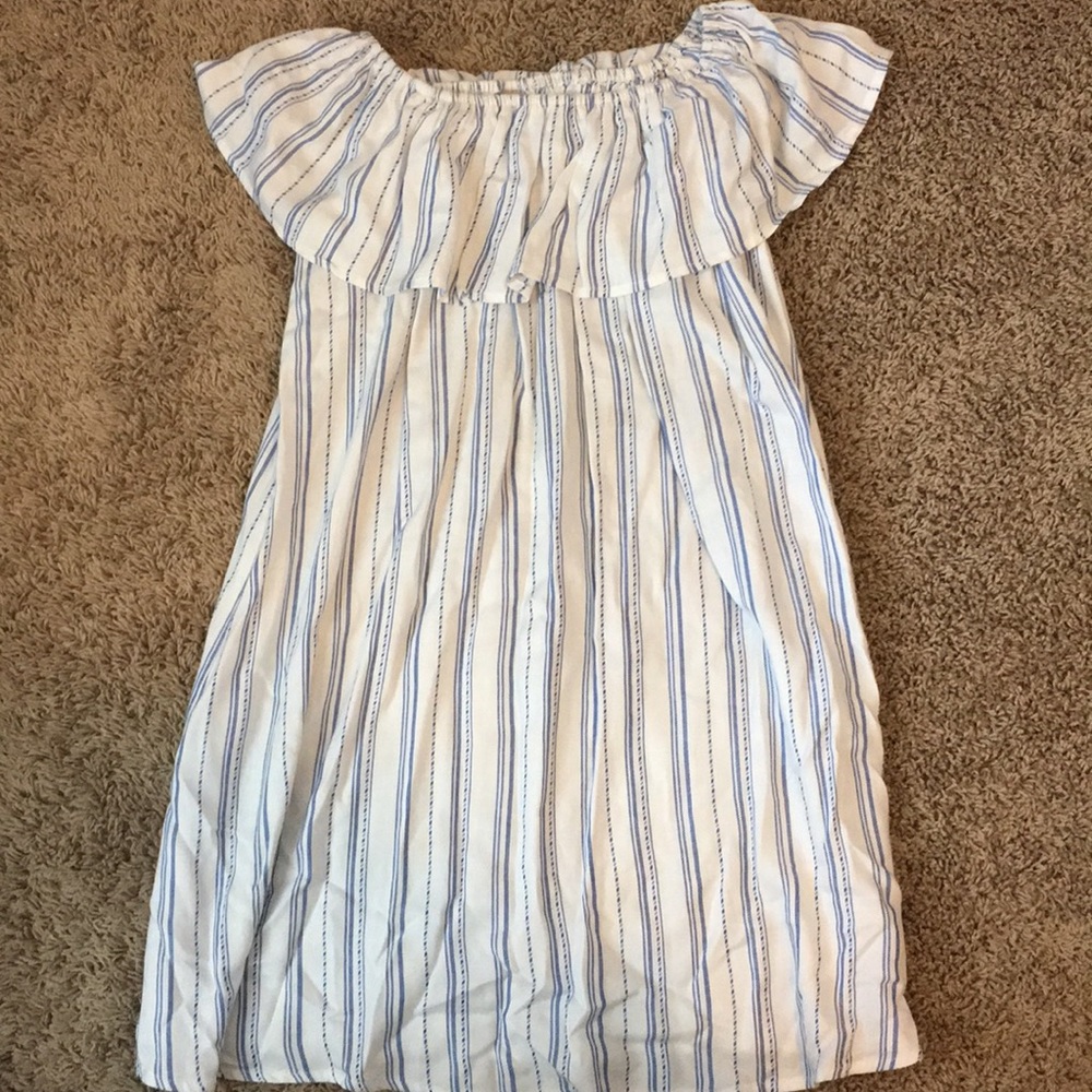 White and blue vertical striped dress
